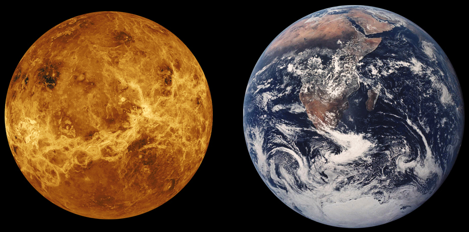 Un’immagine comparativa tra la Terra e Venere, spesso chiamato “il pianeta gemello” per le sue dimensioni molto simili. Immagine della NASA.